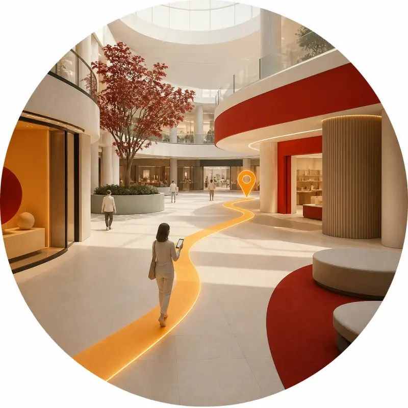 A visitor follows intelligent mall navigation to a store